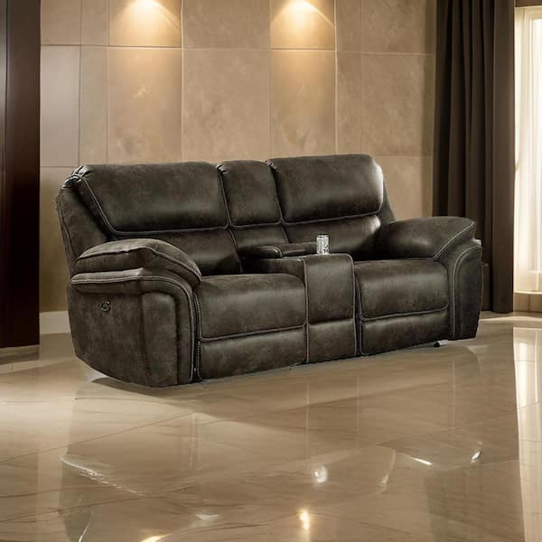 Benjara 38.75 in. Pillow Top Arm Faux Leather Rectangle Power Loveseat Recliner Sofa in Brown