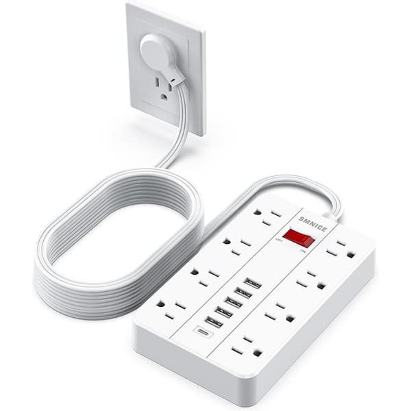 Lukyamzn 15 ft. Power Strip Surge Protector with Flat Plug, 8-Outlets and 6-USB Ports (1-USB-C), Wall Mountable in White