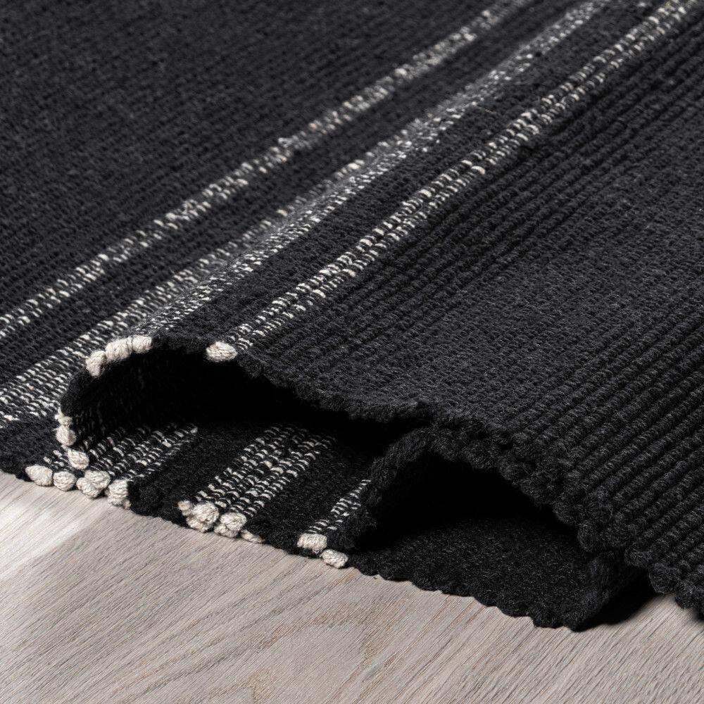 Black and White Striped Handmade Cotton Area Rug, 5' x 8'