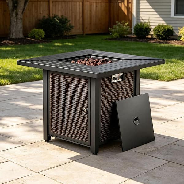 Pure Iron Series 30 in. 50000 BTU Square Brown Rattan Propane Outdoor Fire Pit Table with 1.5 kg Volcanic Stone