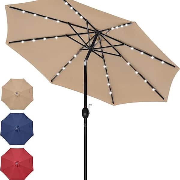 Huluwat 9 ft. Solar 32-Lighted Steel Patio Market Umbrella in Tan with Push Button Tilt/Crank