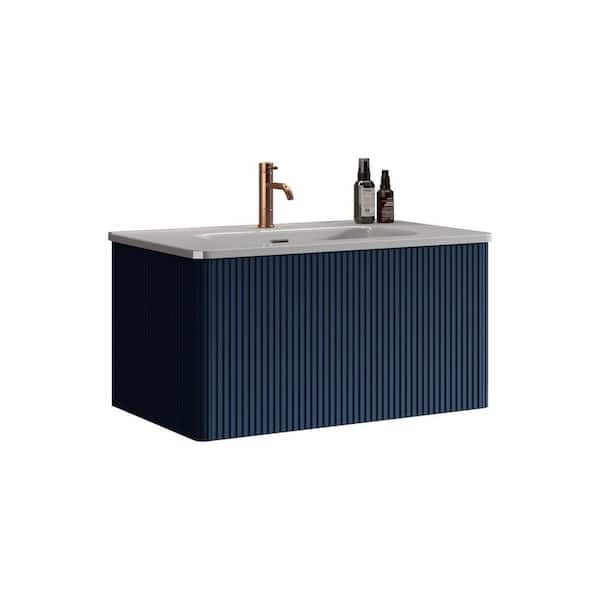 Boosicavelly 29.90 in. W 18.30 in. D 15.60 in. H Single Sink Wall-Mounted Bath Vanity in Navy with White Ceramic Top