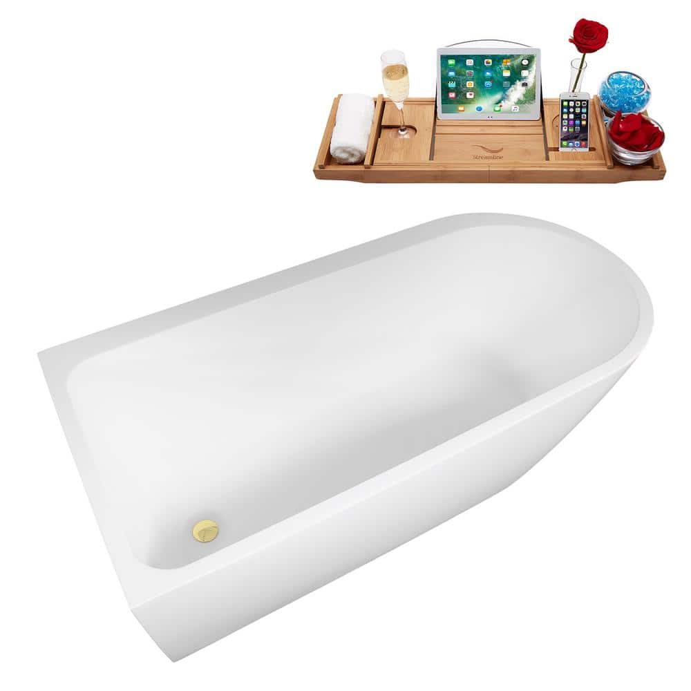65" Glossy White Acrylic Freestanding Soaking Bathtub with Bamboo Tray