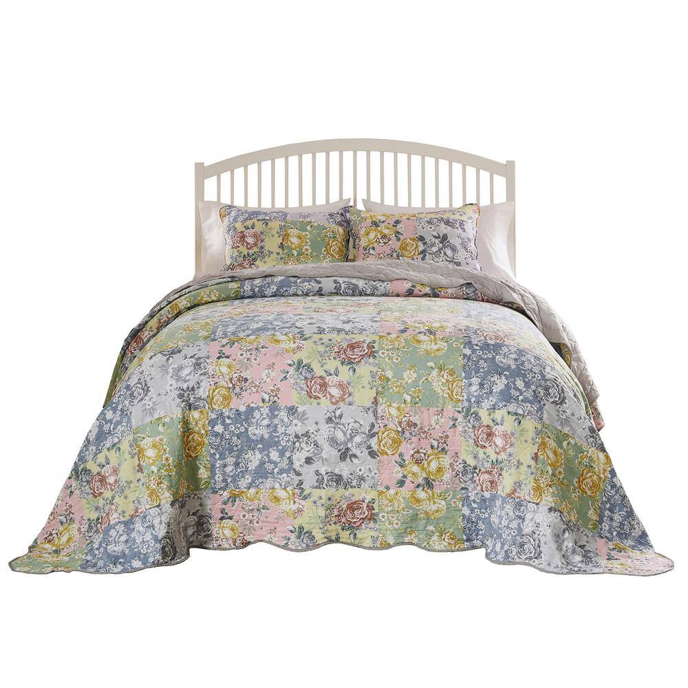 Gray Cotton King Reversible Floral Patchwork Bedspread Set