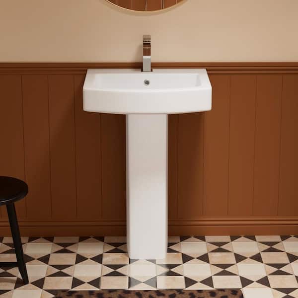 22 in. W x 17 in. D Glossy White Ceramic Rectangular Pedestal Sink with Overflow and Single Faucet Hole