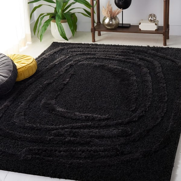 Hi-Lo Shag Black 5 ft. x 5 ft. Swirl High-Low Square Area Rug