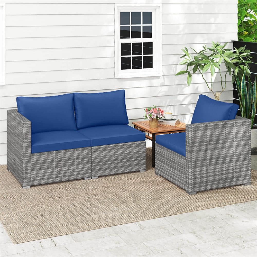 3PCS Patio Sectional Sofa Set, PE Rattan Modular Couch Furniture Set with Cushions Navy + Mix Gray price history on PriceWatchPro