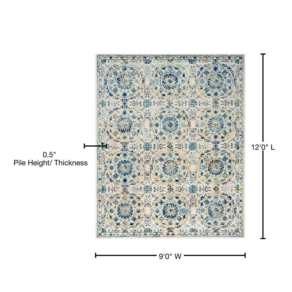 Ivory and Blue Floral Motif Synthetic Area Rug