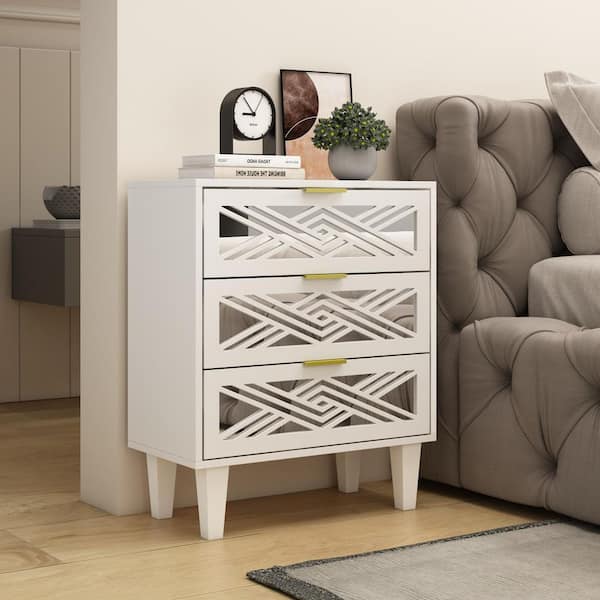 FUFU&GAGA 3 Mirrored Drawer White Wooden Standard Nightstand, End Table with Mirror, 23.7 L x 11.9 in. W x 28.3 in. H