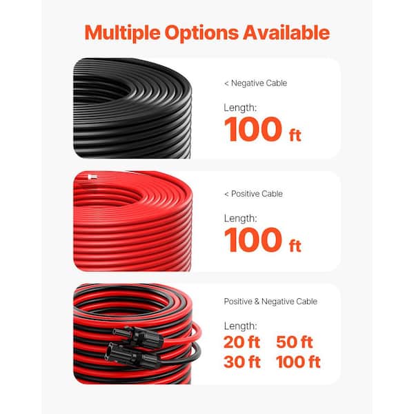1 Pair 100-Foot Solar Panel Extension Cable - 10 AWG PV Wire Red - TEMCo Connector