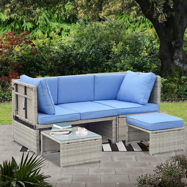 Cesicia Gray 4-Piece Wicker Outdoor Sectional Set with Blue Cushions