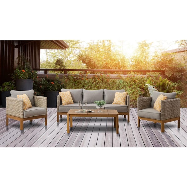 Hanover Blake 4-Piece Wicker Patio Conversation Deep Seating Set with Gray Cushions with All-Weather, Wood Accents