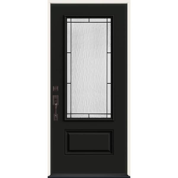 JELD-WEN 36 in. x 80 in. Right-Hand 3/4 Lite Decorative Glass Wendover Black Fiberglass Prehung Front Door