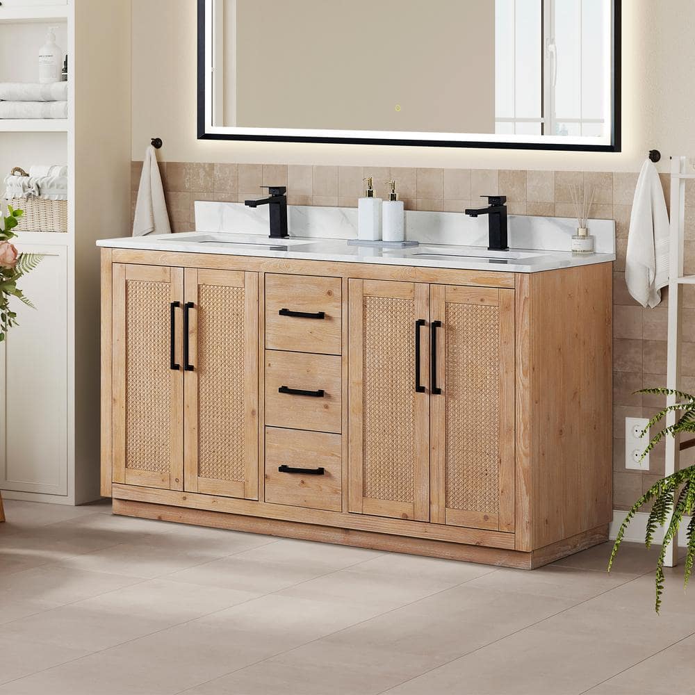 Floral 60" Light Brown Fir Wood Double Vanity with Calacatta Quartz Top