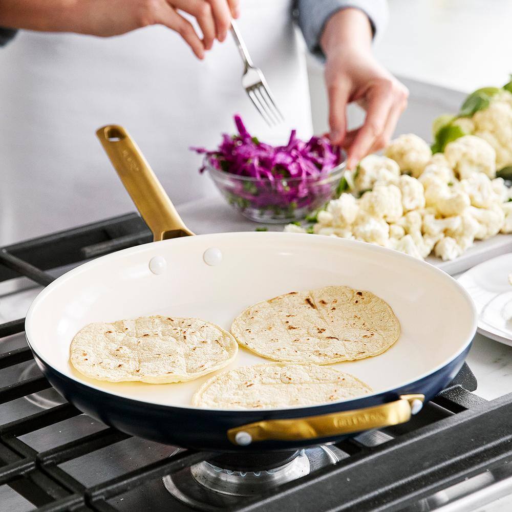Twilight Blue Ceramic Nonstick 12" Frypan with Gold Handle and Lid
