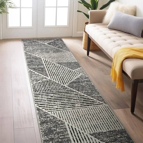 Contemporary Distressed Geometric Area Rug Cream 2 ft. 3 in. x 12 ft. Runner Rug