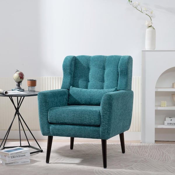 Harper & Bright Designs Teal Chenille Fabric Upholstered Armchair with Waist Pillow, Wood Legs with Pads