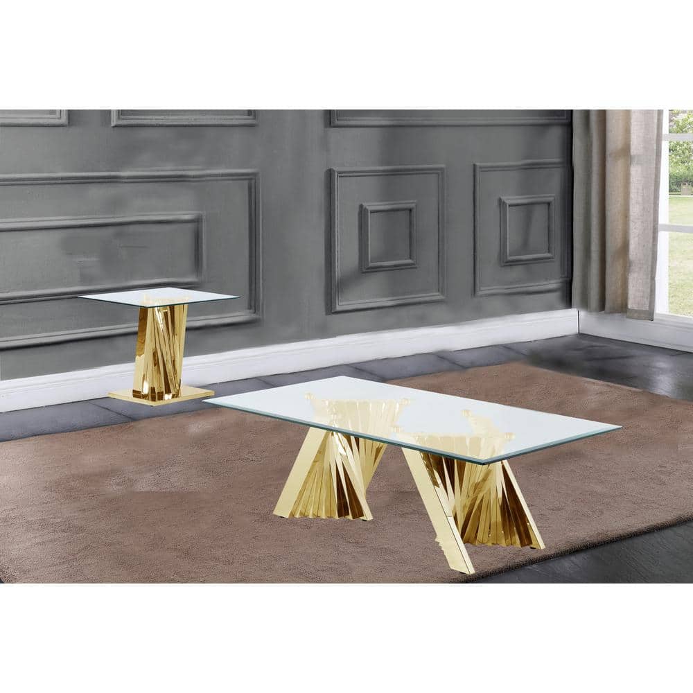Luxurious Gold Stainless Steel and Clear Glass Coffee & End Table Set