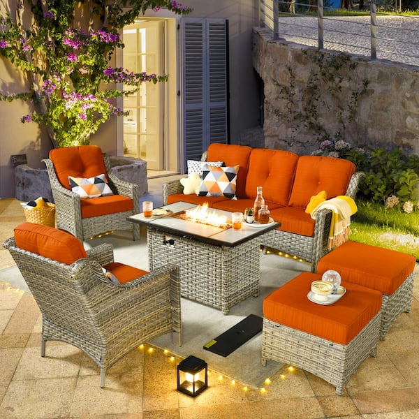 Tulip C Gray 6-Piece Wicker Patio Rectangular Fire Pit Conversation Sofa Set with Orange Red Cushions