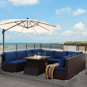 Large Size 9-Pieces Espresso Wicker Patio Conversation Deep Seating Sectional Sofa Set with Fire Pit and Blue Cushions