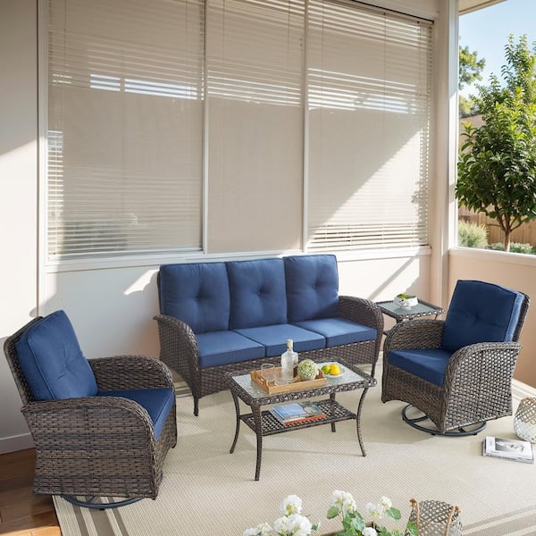 Gymojoy Carlos Brown 5-Piece Wicker Patio Conversation Deep Seating Set with CushionGuard Thick Blue Cushions