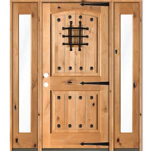 64 in. x 80 in. Mediterranean Knotty Alder Right-Hand/Inswing Clear Glass Clear Stain Wood Prehung Front Door w/DFSL