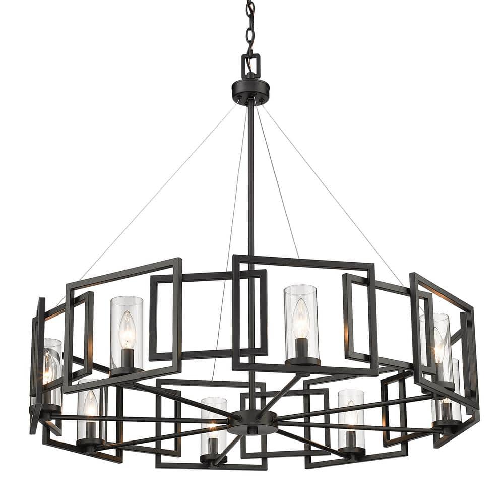 Matte Black Contemporary 8-Light Chandelier with Clear Glass Cylinders