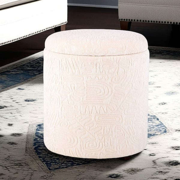 Carolina Chair & Table Handwoven Hermes Off-White Abstract 16 in. Round Cotton Fabric Storage Ottoman