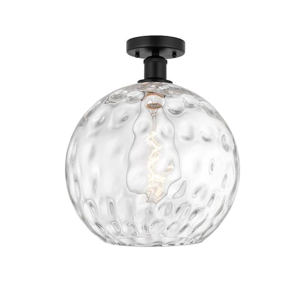 Athens Water Glass 12 in. 1-Light Matte Black Industrial Semi-Flush Mount with Clear Glass Shade