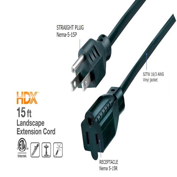HDX 15 ft. 16/3 Indoor/Outdoor Landscape Extension Cord, Green