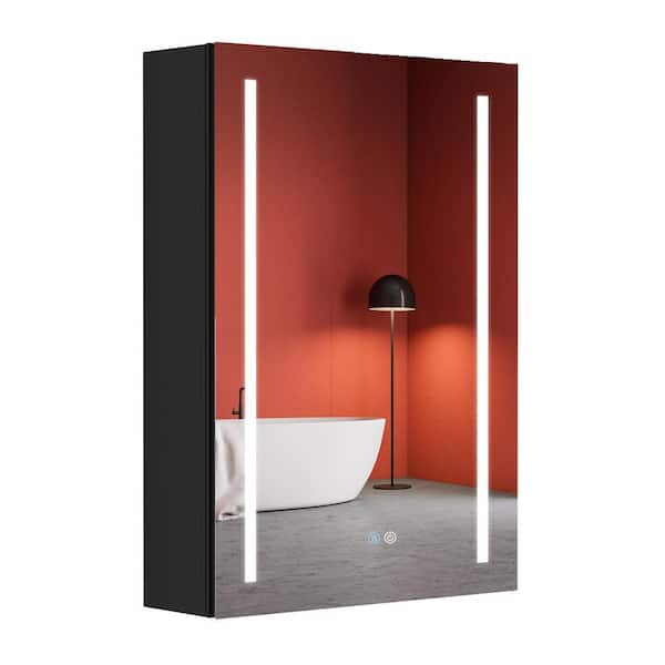 Getpro 20 in. W x 30 in. H Large Black Aluminum Surface Mount Medicine Cabinet with LED Lighting and Mirror Anti-Fog