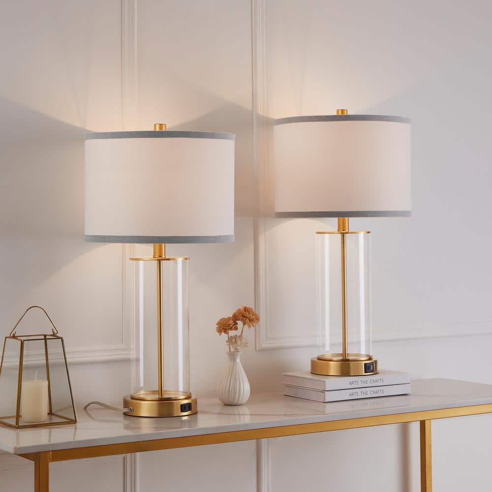 23.25" Clear Glass and Antiqued Brass Table Lamp Set with USB Ports