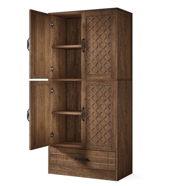 BYBLIGHT Keenyah Brown Engineered Wood 31.5 in. Pantry Cabinet with Drawer and Storage Shelves