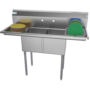 52 in. Freestanding Stainless Steel 2 Compartments Commercial Sink with Drainboard