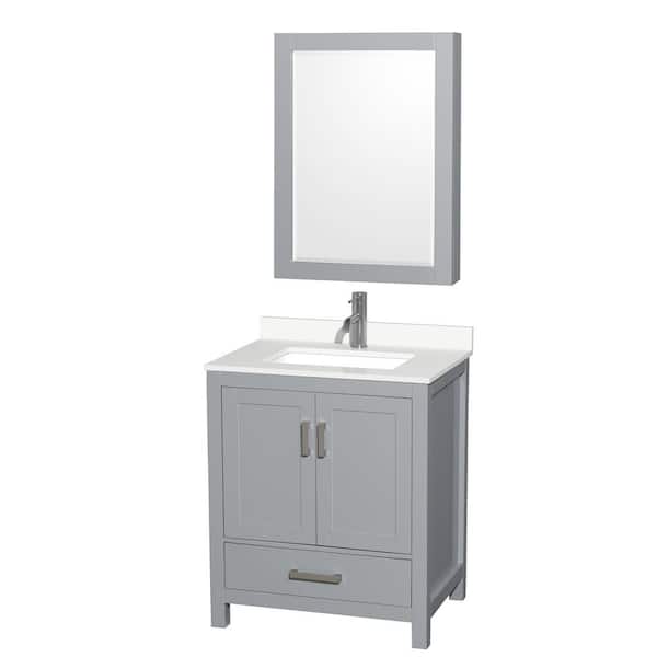 Wyndham Collection Sheffield 30 in. W x 22 in. D x 35 in. H Single Bath Vanity in Gray with White Quartz Top and Mirror