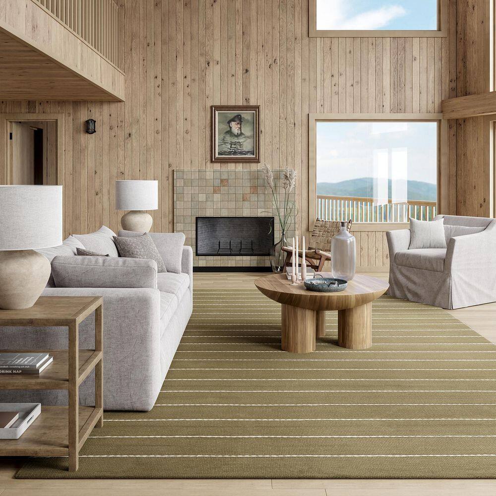 Handmade Olive Green Wool and Cotton Striped Rectangular Rug