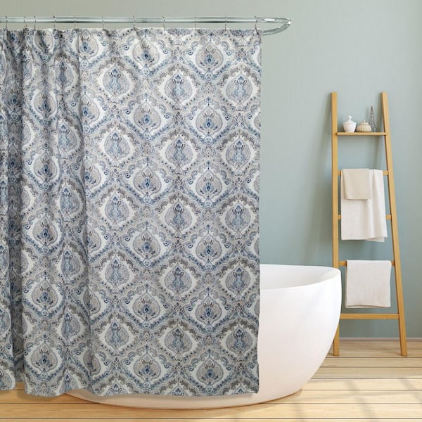 LINEN STORE INC Elaine 70 in. Teal Paisley Damask Canvas Shower Curtain