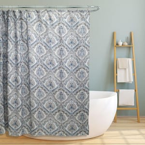 Elaine 70 in. Teal Paisley Damask Canvas Shower Curtain