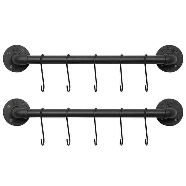 Matte Black Wall Mounted Pipe Rack Pot Rack Set Industrial Iron Kitchen Rail Organizer with 10 S Hooks 2 Pack