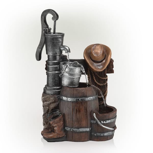 Alpine Corporation 26 in. Tall Outdoor Vintage Pump and Barrel with Cowboy Hat Fountain Yard Art Decor