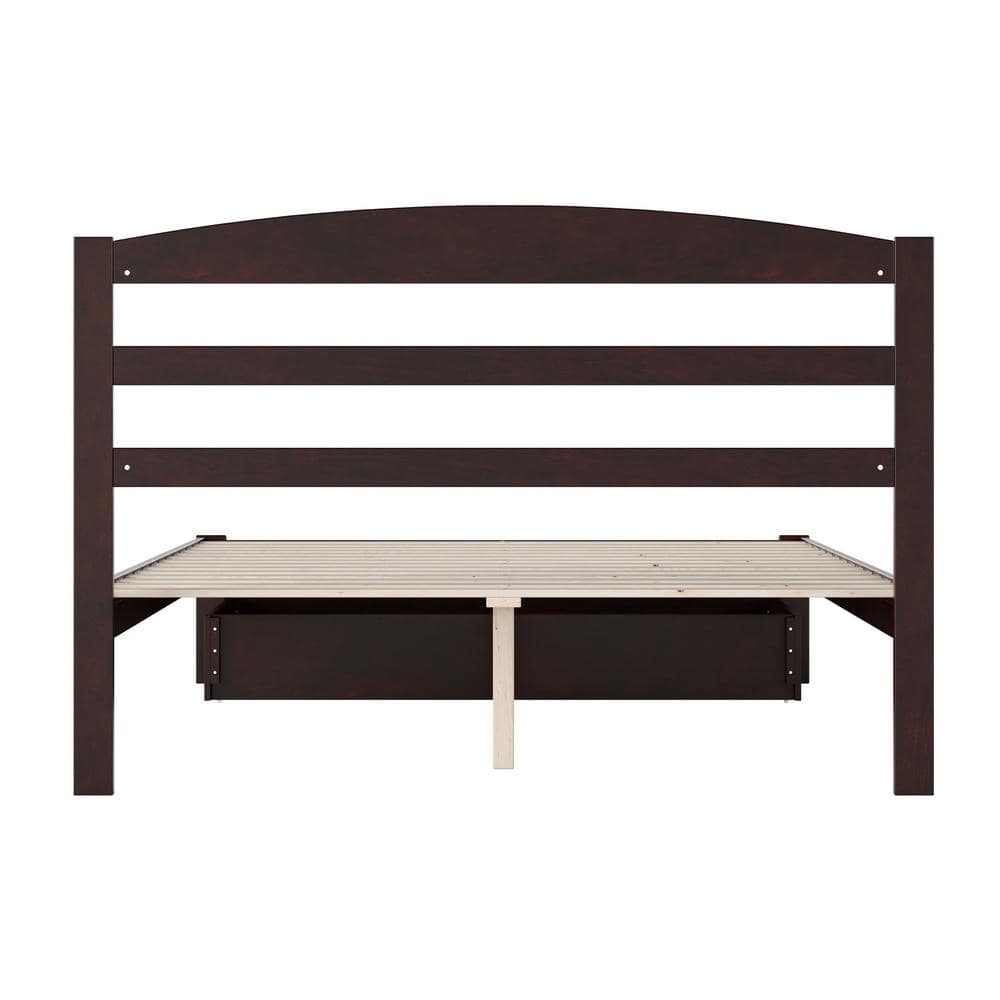 Espresso Solid Wood Queen Platform Bed with Foot Drawer