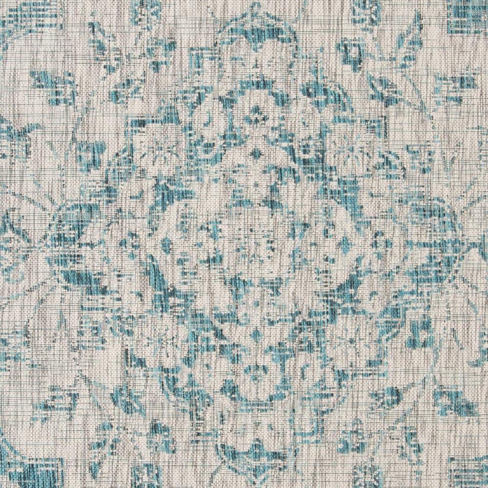Gray and Blue Square Synthetic Indoor/Outdoor Rug