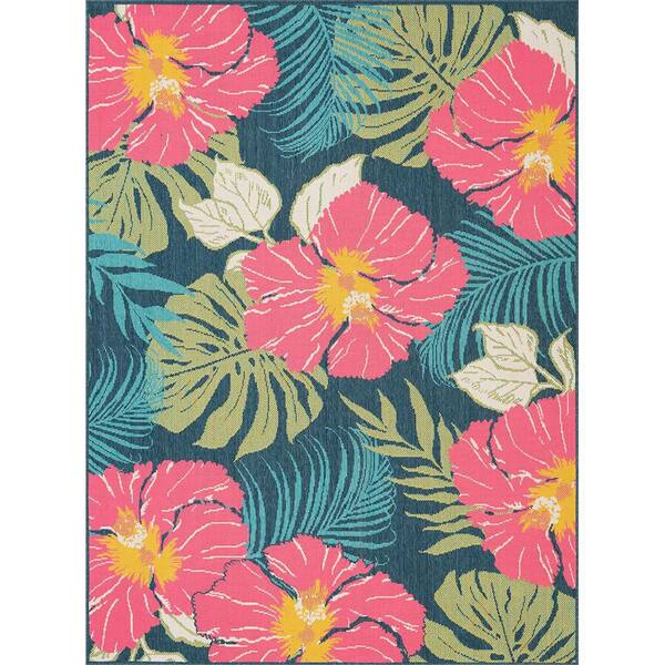 NATCO HOME Backyard Bungalow Navy/Pink 5 ft. 3 in. x 7 ft. Hibiscus Polypropylene Indoor/Outdoor Area Rug