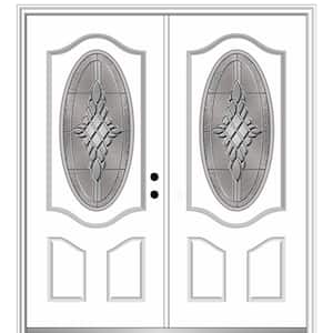 72 in. x 80 in. Grace Left-Hand Inswing Oval-Lite Decorative Primed Fiberglass Prehung Front Door on 4-9/16 in. Frame
