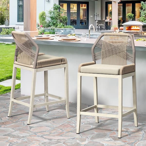 cozyman Shanks Rattan Aluminum Frame Cream Modern Boho Counter Height Outdoor Bar Stool with Woven Rope Back (Set of 2)