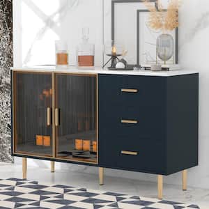 Navy Blue Wood 60 in. Buffet Cabinet with 3-Drawers, Amber Tempered Glass Doors and Marble Sticker Tabletop