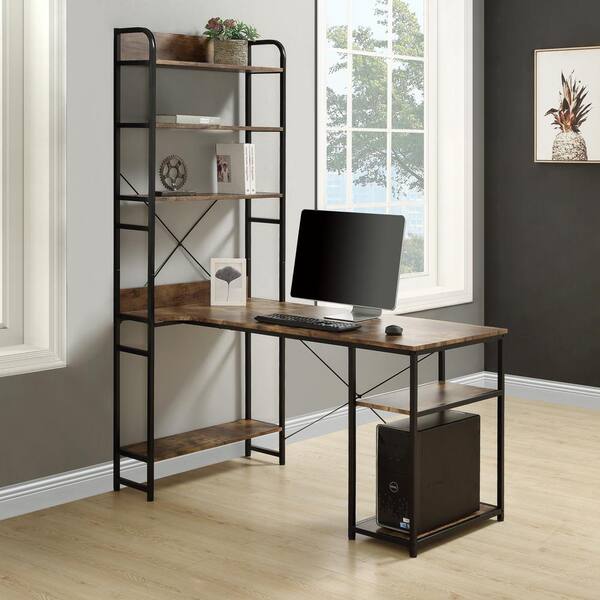 Magic Home 54.3 in. W L-Shape Light Wood Steel Frame and MDF Desktop Computer Desk with 5-Tier Open Bookshelves