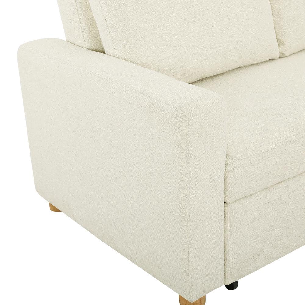 Ivory Boucle Full Size Convertible Sleeper Sofa with Wood Legs