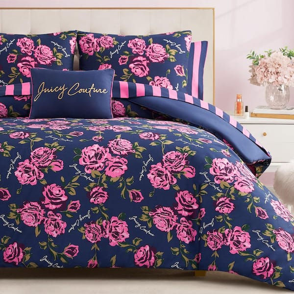 Rose Logo 8-Piece Navy/Pink Floral Polyester Queen Bedding Bed in a Bag Comforter Set