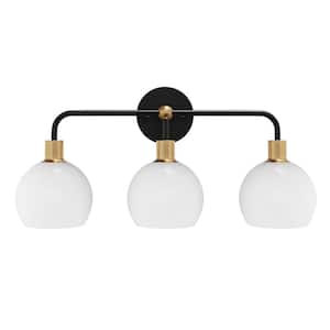 Modern 22.83 in. 3-Light Black Bathroom Vanity Light Fixtures Over Mirror with White Globe Shades